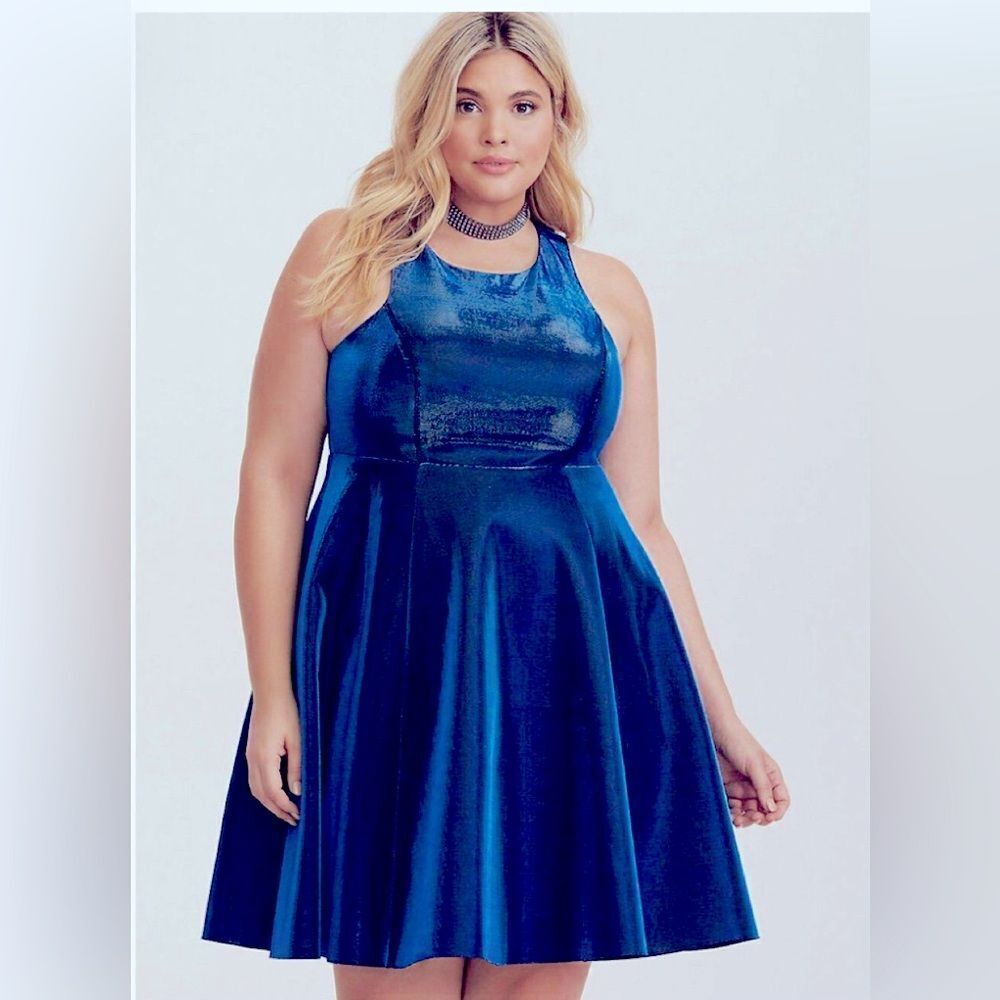 Torrid Blue Metallic Silver High neck Skater Dress Size 12